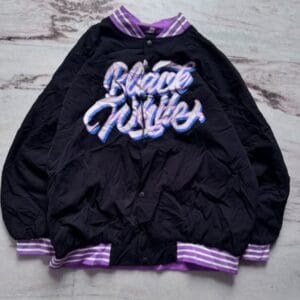Black Hustler Varsity Jacket — Purple Trim, Bold Embroidery