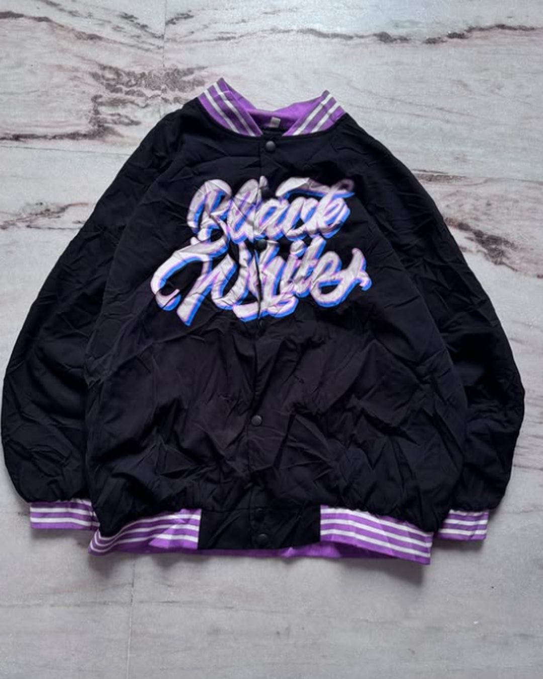 Black Hustler Varsity Jacket — Purple Trim, Bold Embroidery
