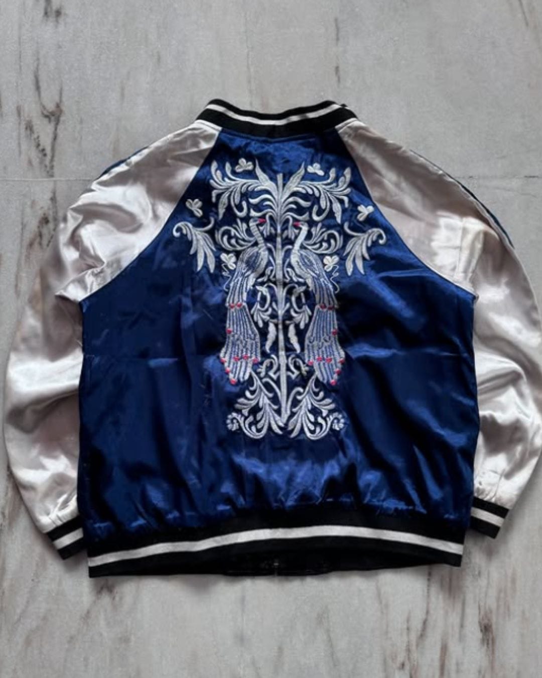 Satin Souvenir Jacket — Blue/White Embroidered Vintage Bomber