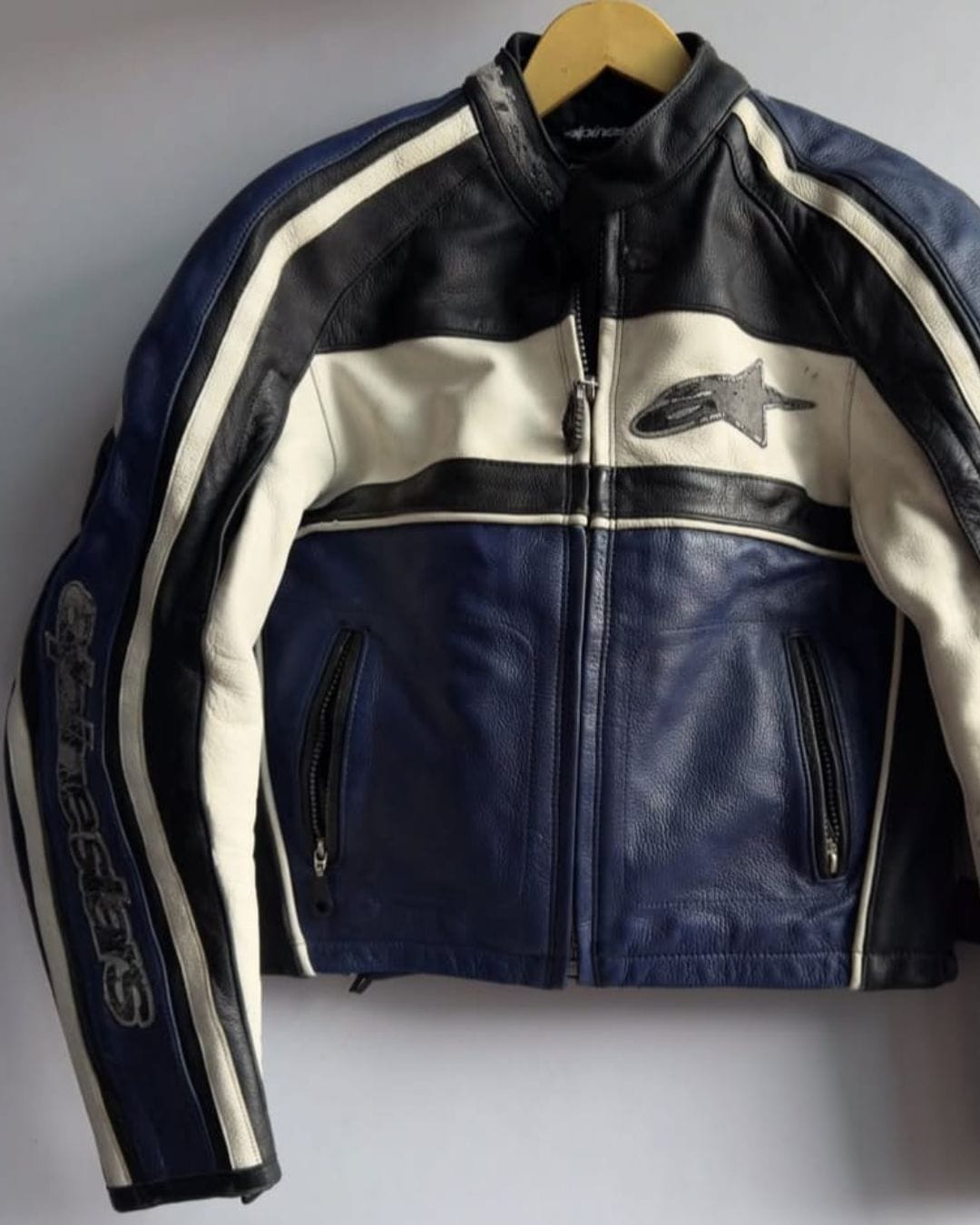 Spada Vintage Leather Biker Jacket — Blue/White Racing Style
